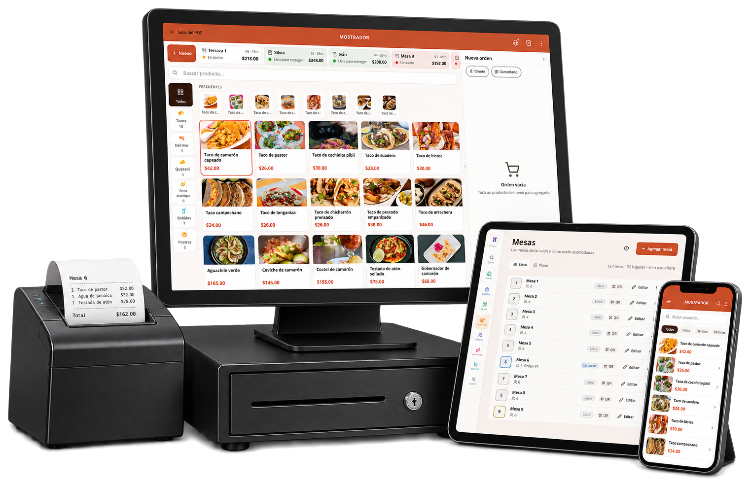 El punto de venta TuMenuDigital en computadora, tablet y celular, con impresora de tickets y cajón de dinero.